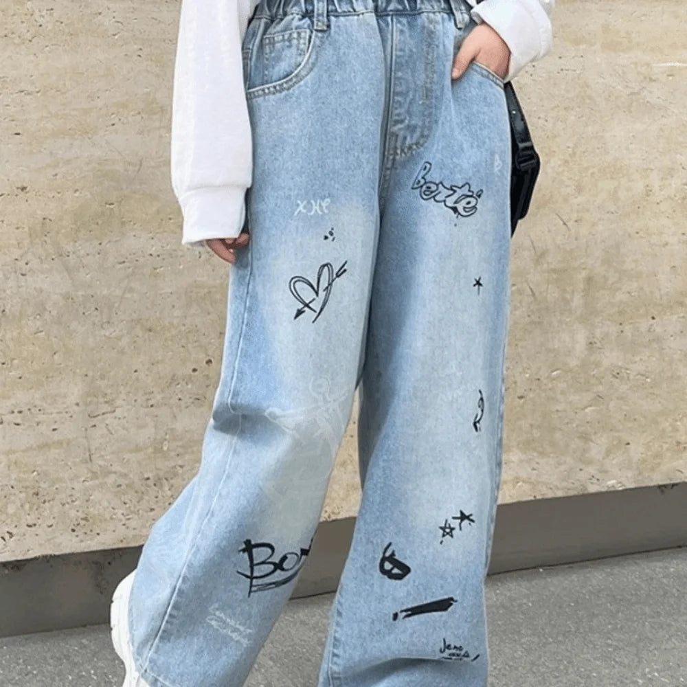 English Letter Children Jeans Straight Loose Leg Blue Teen Girl Jeans Korean Style High Waist Girls Denim Trousers Spring Autumn