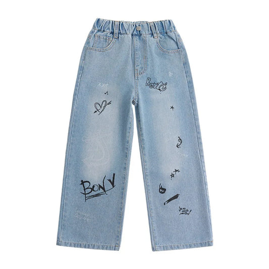 English Letter Children Jeans Straight Loose Leg Blue Teen Girl Jeans Korean Style High Waist Girls Denim Trousers Spring Autumn