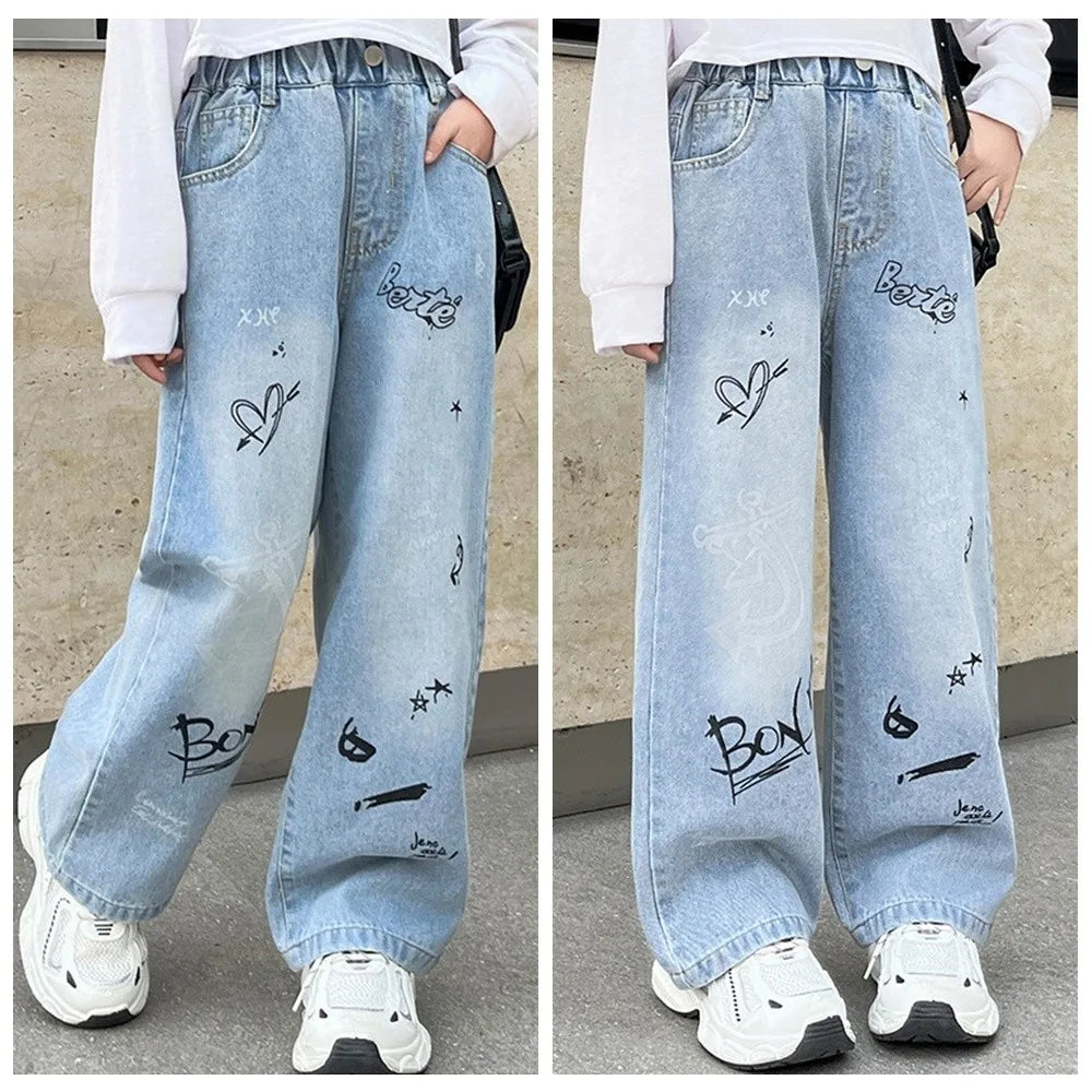 English Letter Children Jeans Straight Loose Leg Blue Teen Girl Jeans Korean Style High Waist Girls Denim Trousers Spring Autumn