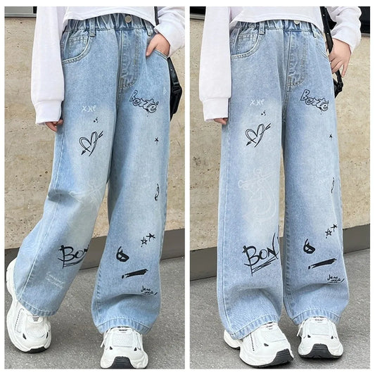 English Letter Children Jeans Straight Loose Leg Blue Teen Girl Jeans Korean Style High Waist Girls Denim Trousers Spring Autumn